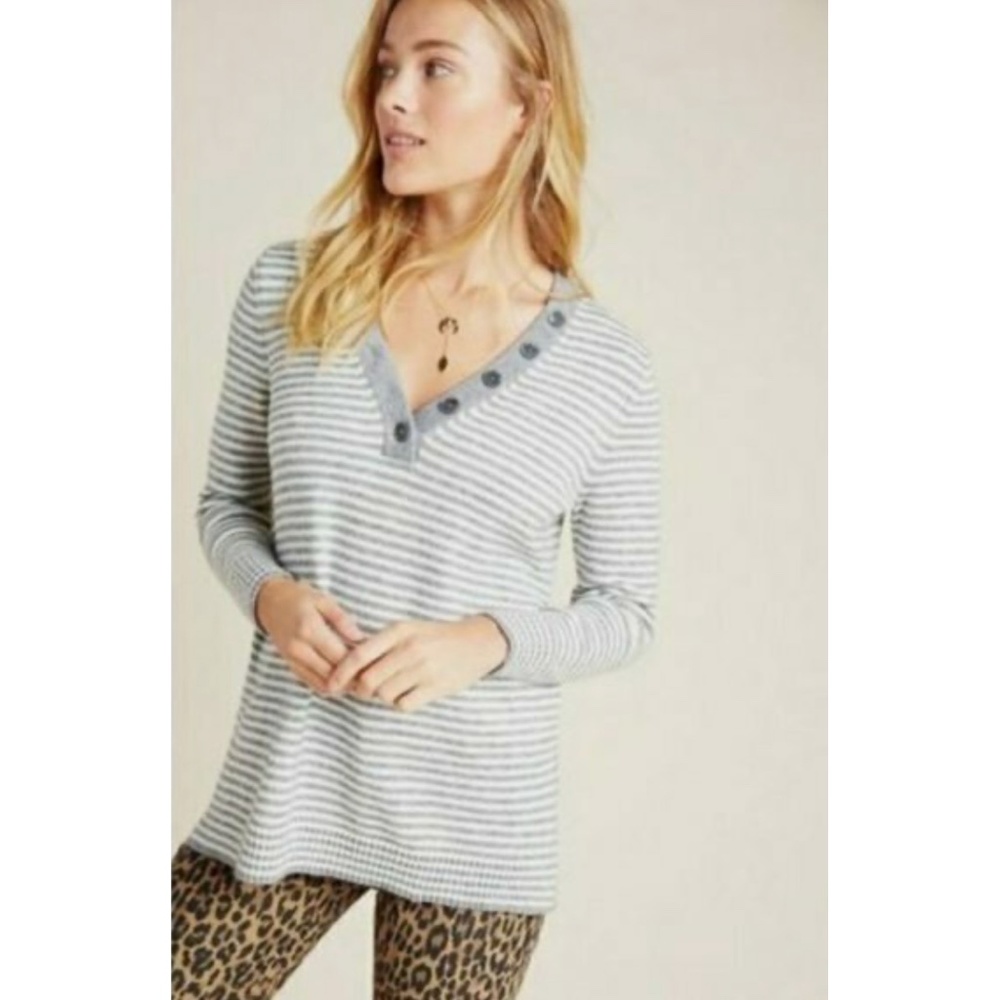 Anthropologie Grey White Striped V-Neck Button Henley Knit‎ Top SP